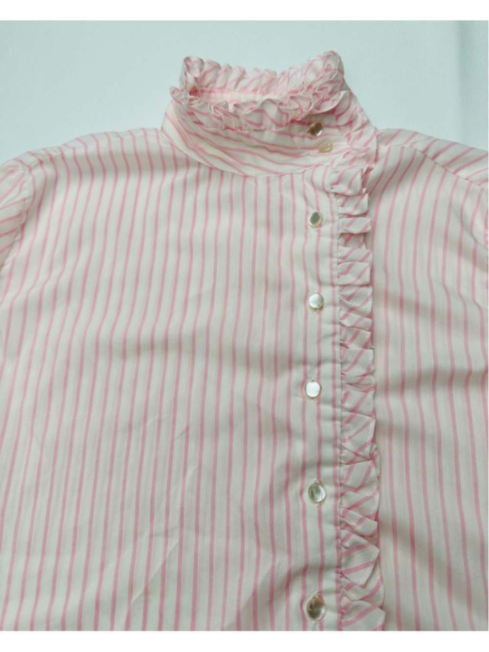 Vintage 1980s Ellen Tracy Pink Candy Stripe Ruffle Blouse Size 7 - Picture 6 of 10